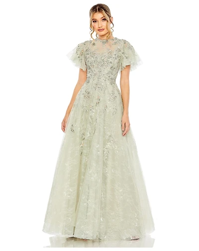 Mac Duggal Women's Illusion Neck Beaded Lace Flutter Sleeve Ball Gown