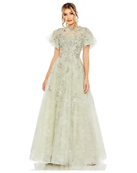 Mac Duggal Women's Illusion Neck Beaded Lace Flutter Sleeve Ball Gown