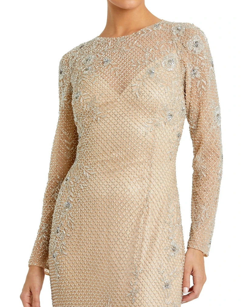 Mac Duggal Women's Long Sleeve Beaded Sheath Evening Gown