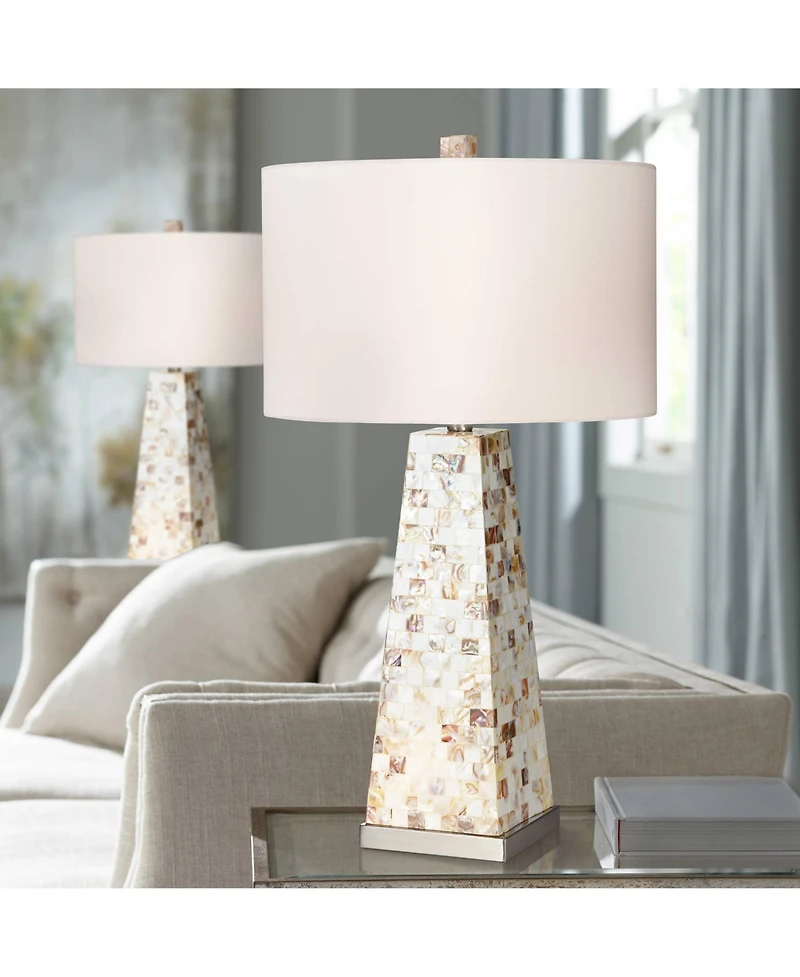 Possini Euro Design Coastal Table Lamps 29" Tall Set of 2 with Nightlight Mother of Pearl Handmade Drum Shade for Bedroom