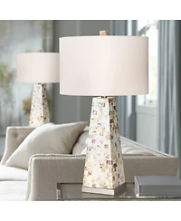 Possini Euro Design Coastal Table Lamps 29" Tall Set of 2 with Nightlight Mother of Pearl Handmade Drum Shade for Bedroom