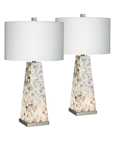 Possini Euro Design Coastal Table Lamps 29" Tall Set of 2 with Nightlight Mother of Pearl Handmade Drum Shade for Bedroom