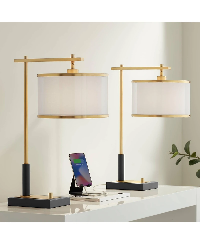 Possini Euro Design Hayven 23 1/2" High Small Mid Century Modern Desk Lamps Set of 2 Dual Usb Ports Metal Charging