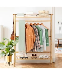 Gouun Bamboo Clothing Rack with 2-Tier Storage Shelves and Side Hooks