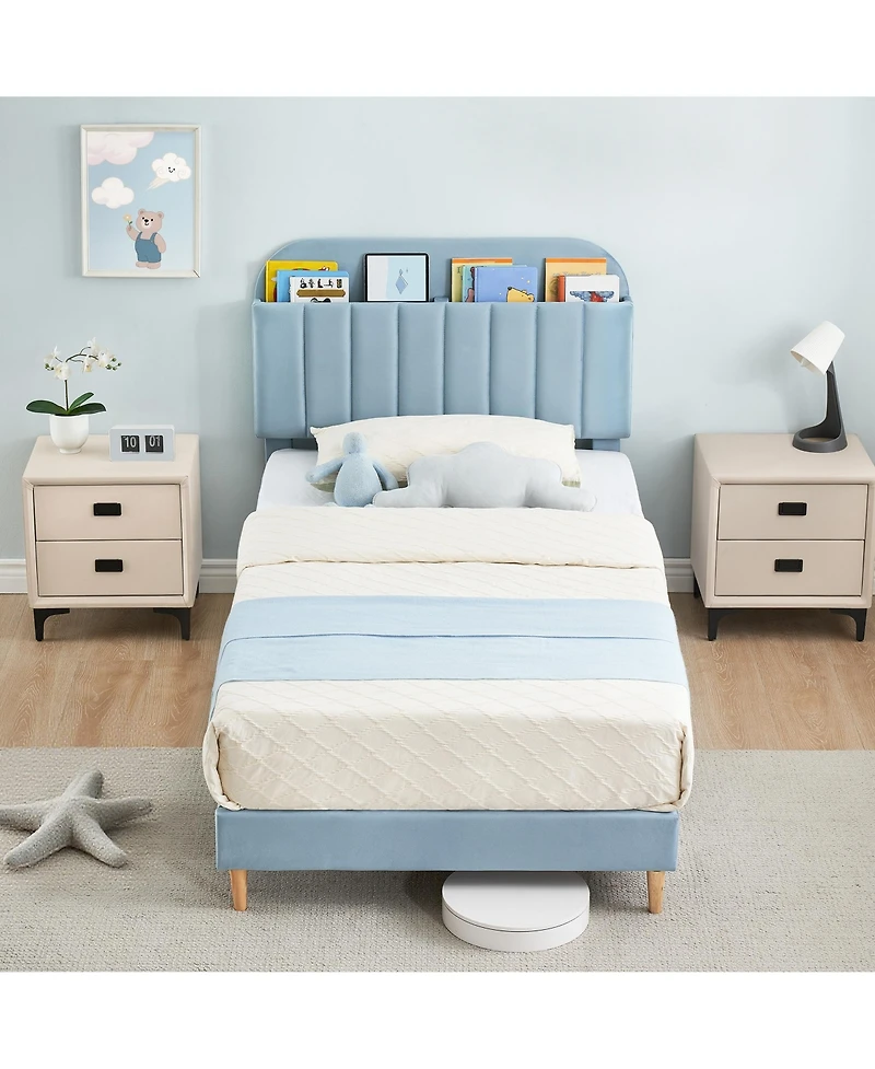 homfan Upholstered Bed Frame with Bookcase Headboard, Storage Cubbies and Wooden Slats Support