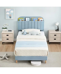 homfan Upholstered Bed Frame with Bookcase Headboard, Storage Cubbies and Wooden Slats Support