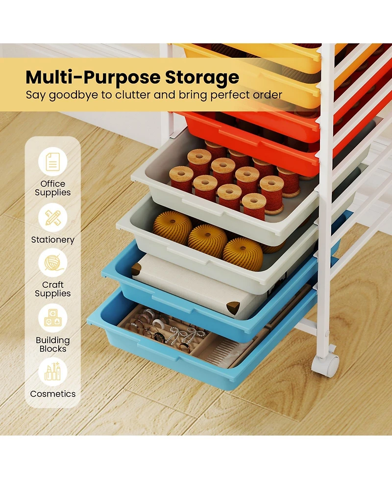 Slickblue Mobile Utility Cart with 10 Drawers, Wooden Tabletop and Locking Wheels Storage Organizer