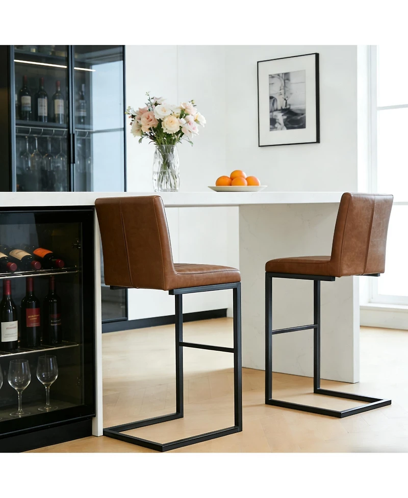 Flynama Faux Leather Bar Stools Set of 2, Metal Frame for Kitchen Island and Home Bar