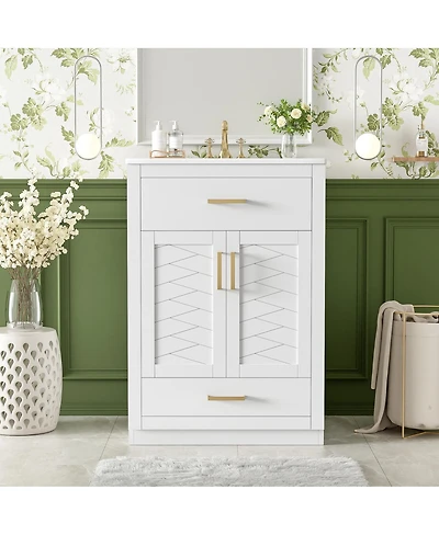 Sillysis Freestanding Bathroom Vanity with Ceramic Sink, 2 Door Cabinet and Tip-Out Drawer, Modern Storage for Small Spaces
