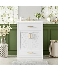 Sillysis Freestanding Bathroom Vanity with Ceramic Sink, 2 Door Cabinet and Tip-Out Drawer, Modern Storage for Small Spaces