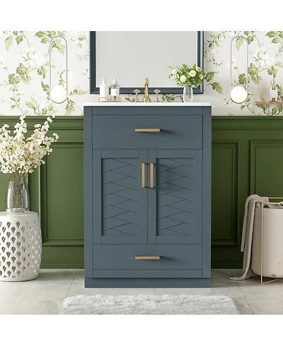 Sillysis Freestanding Bathroom Vanity with Ceramic Sink, 2 Door Cabinet and Tip-Out Drawer, Modern Storage for Small Spaces