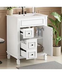 Sillysis Bathroom Vanity with Ceramic Sink, 2 Drawers and Adjustable Shelf, Modern French Freestanding Cabinet for Small Spaces