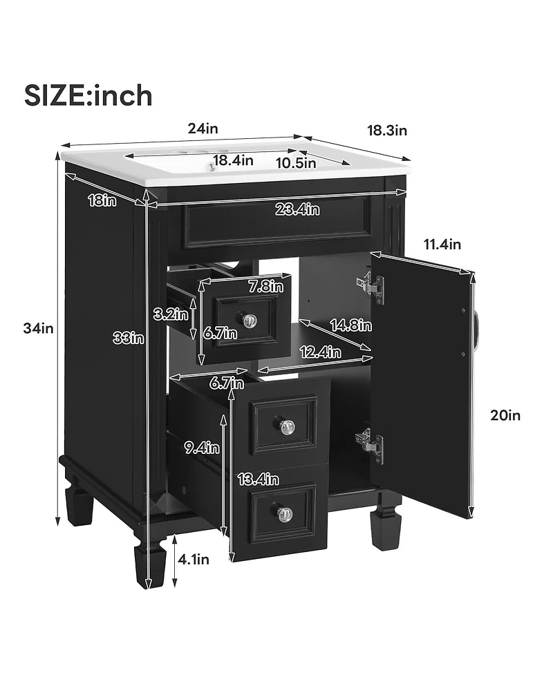 Sillysis Bathroom Vanity with Ceramic Sink, 2 Drawers and Adjustable Shelf, Modern French Freestanding Cabinet for Small Spaces