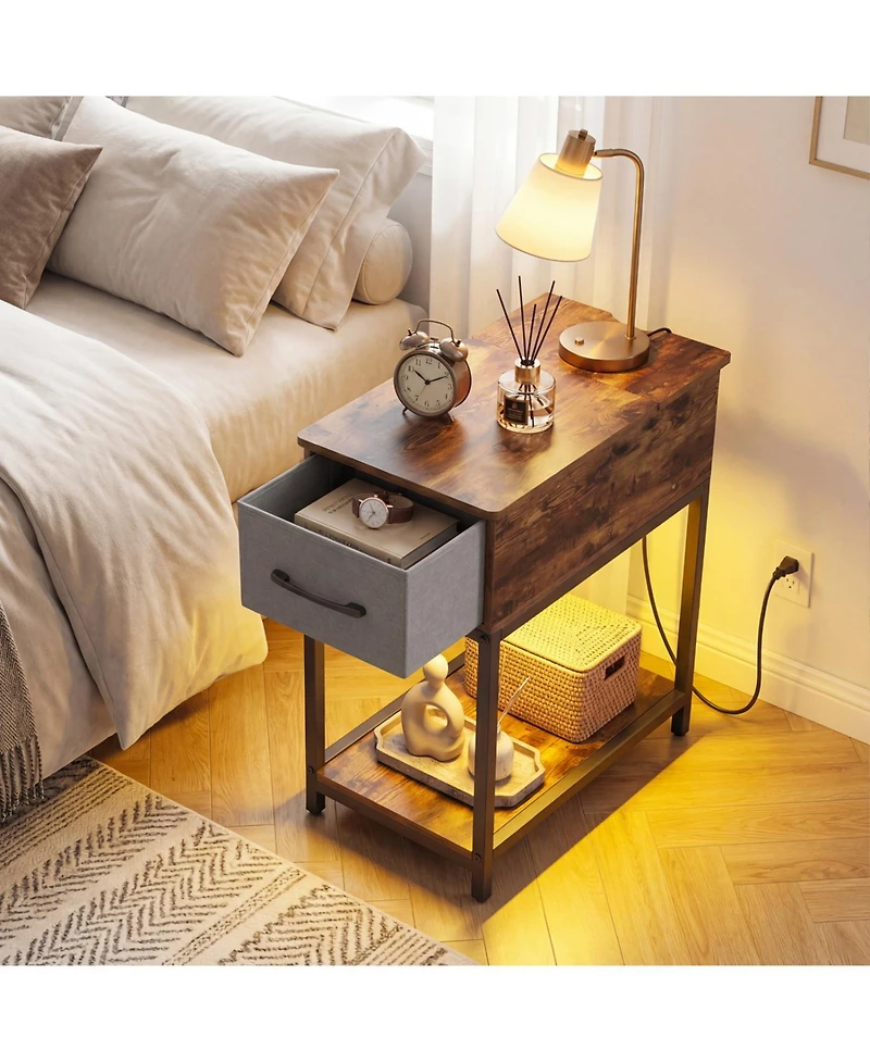 Slickblue Industrial Narrow End Table with Charging Station, Led Lights and Usb Storage Side Table
