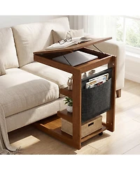 Slickblue Mobile C-Shaped Side Table with Adjustable Top and Wheels for Sofa Bedroom