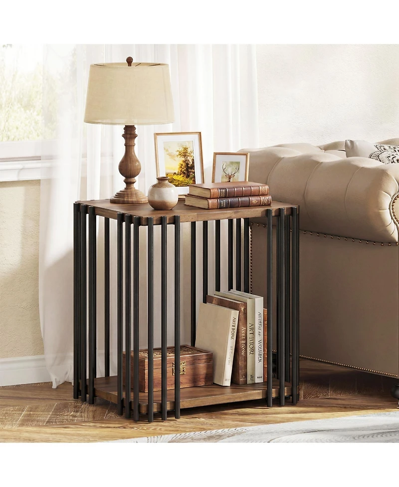 Slickblue 2-Layer Storage Side Table with Rubber Wood Surface and Durable Metal Frame-Walnut