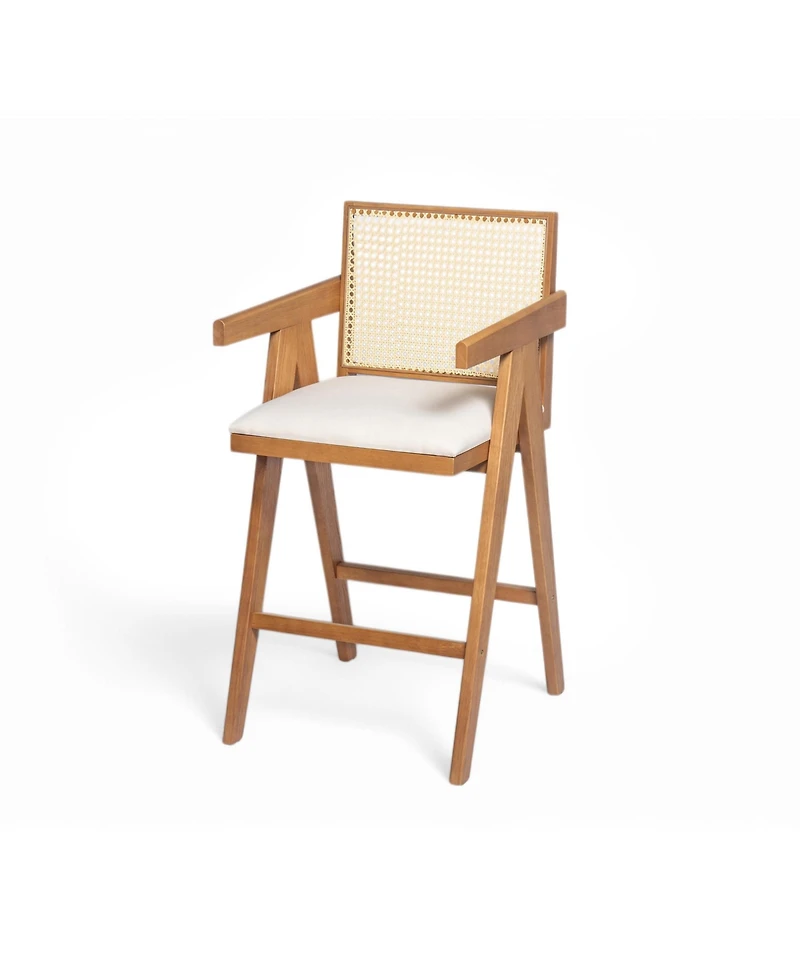 flynama 27" Woven Cane Plastic Back Bar Stool, Rubberwood Frame