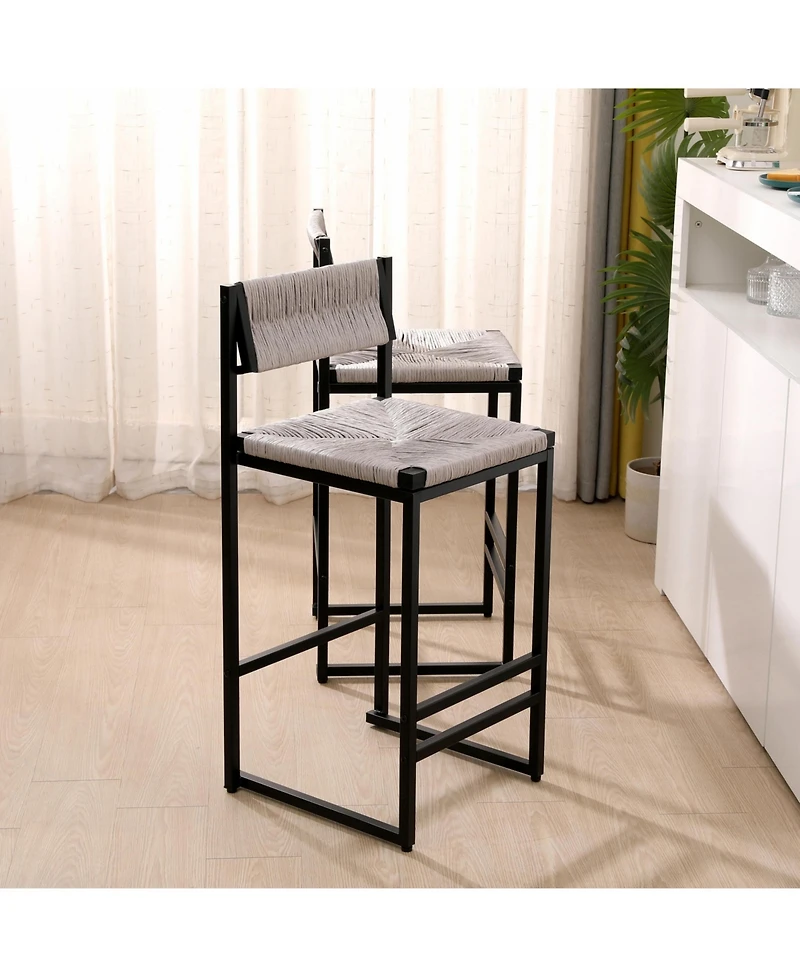 flynama Hand Woven Paper Rope Bar Stools Set of 2 with Back
