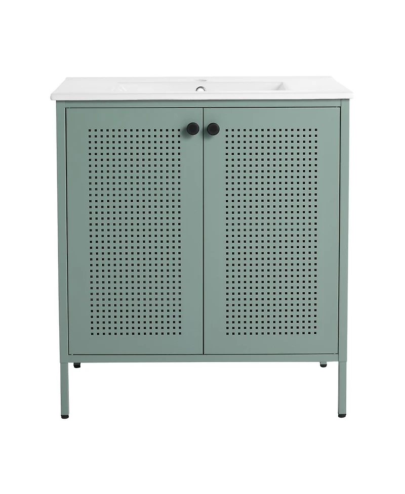 Sillysis Modern Steel Bathroom Vanity with Ceramic Sink, Mint Green Double Door Freestanding Cabinet, Adjustable Shelf