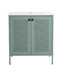 Sillysis Modern Steel Bathroom Vanity with Ceramic Sink, Mint Green Double Door Freestanding Cabinet, Adjustable Shelf