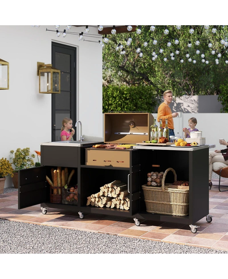 Gouun in Outdoor Grill Cart Table with Sink and Drainage, Stainless Steel Countertop