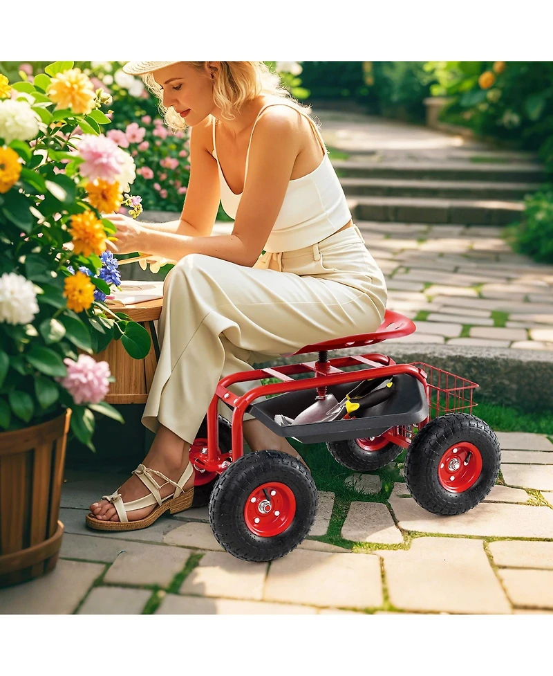 Sugift Four Wheel Rolling Garden Cart with Work Seat