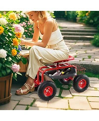 Sugift Four Wheel Rolling Garden Cart with Work Seat