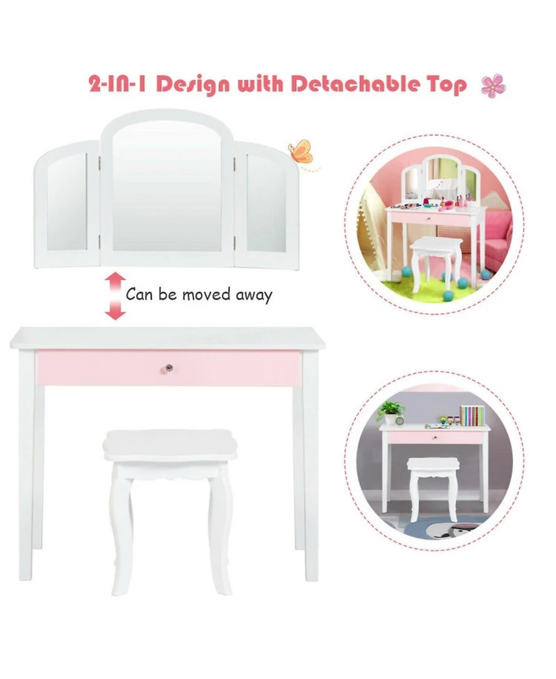 Gouun Kids Princess Dressing Table Set with Tri-Folding Mirror and Stool