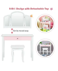 Gouun Kids Princess Dressing Table Set with Tri-Folding Mirror and Stool