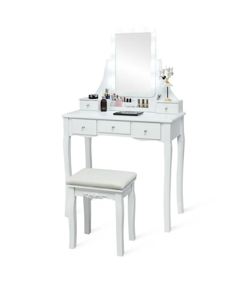 Gouun 10-Light Makeup Vanity Desk with 5 Drawers, Detachable Organizers and Padded Stool