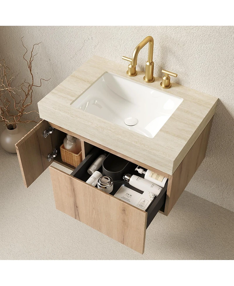 Sillysis Wall Mounted Bathroom Vanity with Sintered Stone Top, Plywood Storage Cabinet and Ceramic Basin