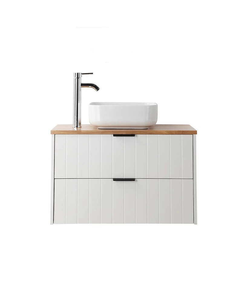 Sillysis Wall Mounted Bathroom Vanity with Solid Wood Top, Square Ceramic Sink, Double Drawers, Modern Storage for Small Spaces
