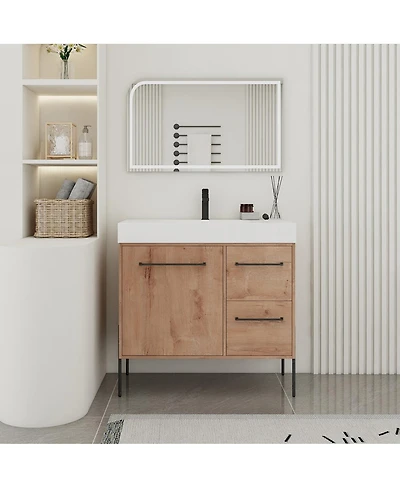 Sillysis Modern Bathroom Vanity with Resin Sink, Soft-Close Imitative Oak Plywood Cabinet