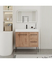 Sillysis Modern Bathroom Vanity with Resin Sink, Soft-Close Imitative Oak Plywood Cabinet