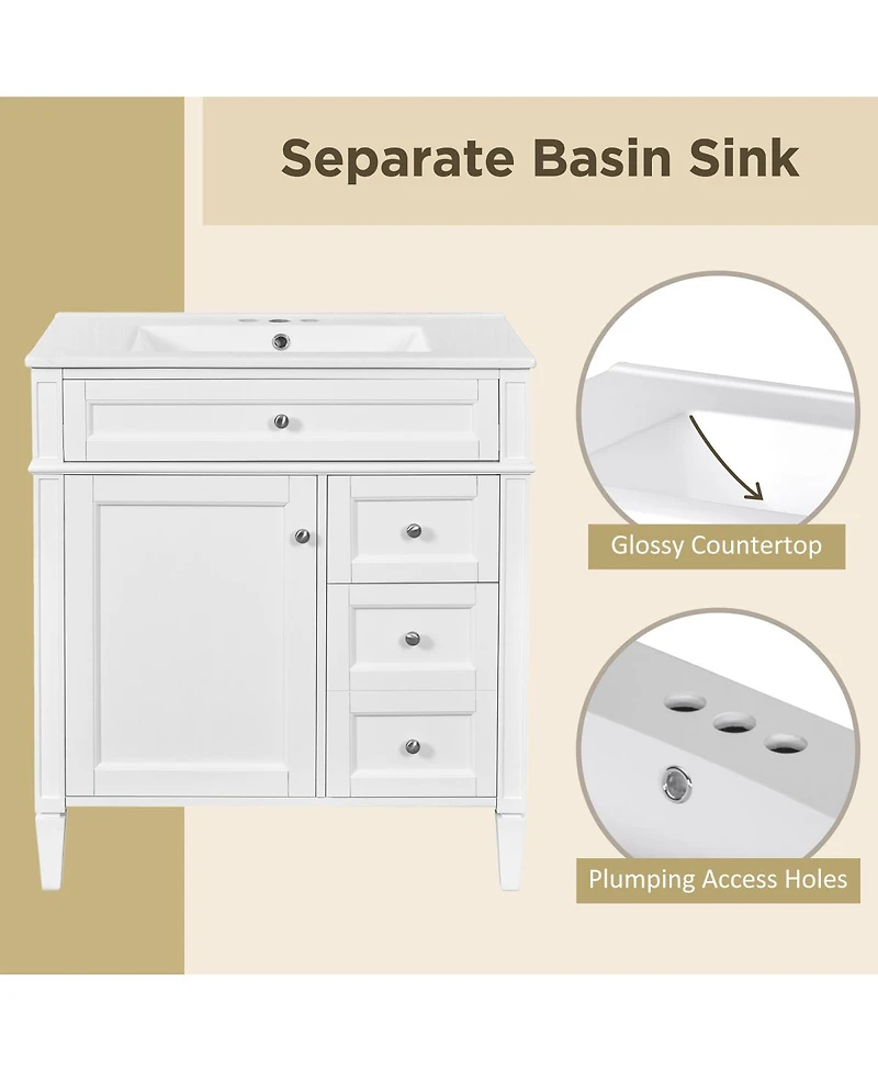 Sillysis Bathroom Vanity with Sink, Modern Freestanding Cabinet 3 Soft Close Drawers Adjustable Shelf for