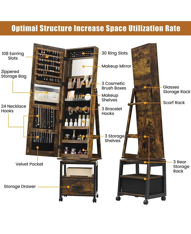 homfan Standing Jewelry Armoire with Full-Length Mirror, Rotating Base, Lockable Storage and Suede Lining