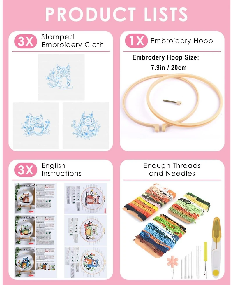 Gnuadz Embroidery Kit Adults Owl Beginners Cloth Hoops Threads Hand Craft