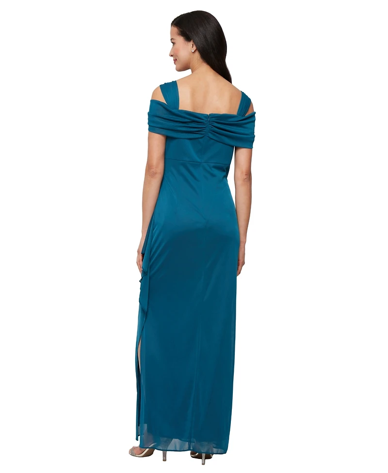 Alex Evenings Petite Cold-Shoulder Side Wrap Cowl Neck Gown