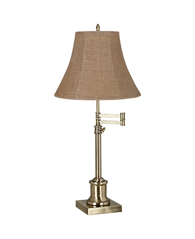 360 Lighting Traditional Swing Arm Desk Table Lamp Adjustable Height 36" Tall Antique Brass Burlap Bell Shade Living Room Bedroom