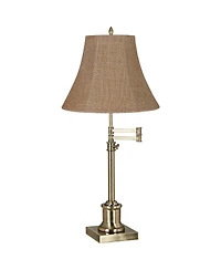 360 Lighting Traditional Swing Arm Desk Table Lamp Adjustable Height 36" Tall Antique Brass Burlap Bell Shade Living Room Bedroom