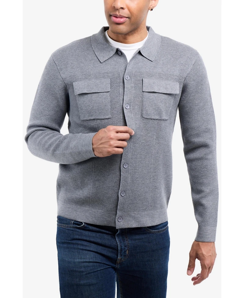 Spring + Mercer Men's Plus Long Sleeve Sweater With Full Buttoned Two Patch Pockets
