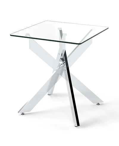 Slickblue Modern Square End Table with Tempered Glass Top and Metal X Frame Base-Silver