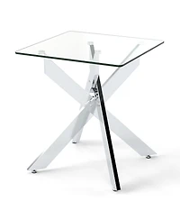Slickblue Modern Square End Table with Tempered Glass Top and Metal X Frame Base-Silver