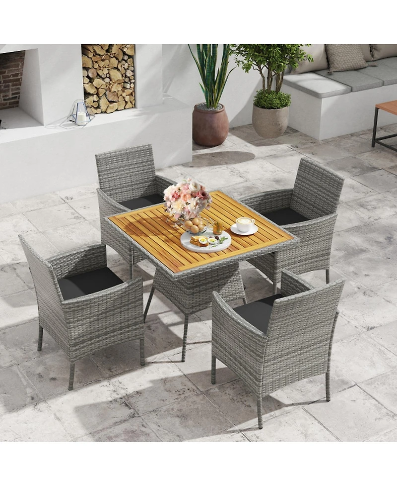Gouun 5-Piece Outdoor Pe Wicker and Acacia Wood Patio Dining Set with Umbrella Hole and Cushions