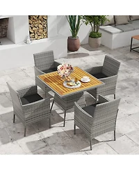 Gouun 5-Piece Outdoor Pe Wicker and Acacia Wood Patio Dining Set with Umbrella Hole and Cushions