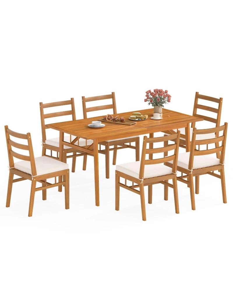 Gouun 7 Piece Acacia Wood Patio Dining Set with Rectangular Table and 6 Cushioned Armchairs