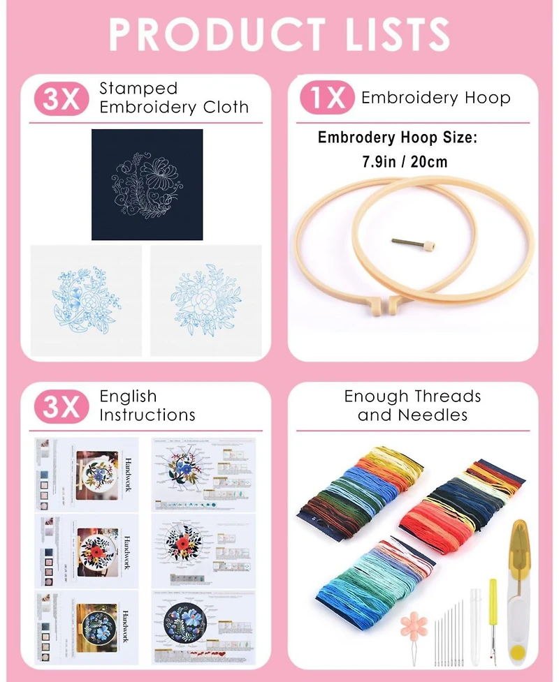 Gnuadz 3 Sets Embroidery Kit Adults Floral Beginners Hoops Threads