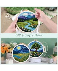 Gnuadz 5 Sets Embroidery Kit Beginner Butterfly Landscape Cloth Hoops Threads