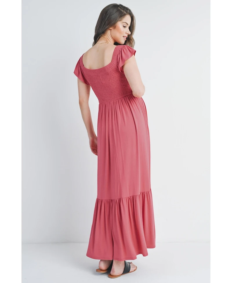Hello Miz Maternity Smocked Empire Waist Maxi Sundress with Ruffle Hem