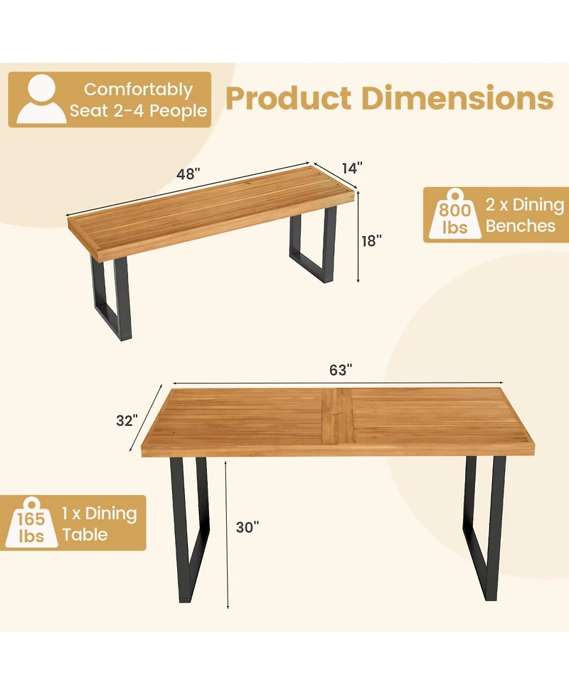 Slickblue Outdoor Dining Table Set 3 Piece with Backless Benches